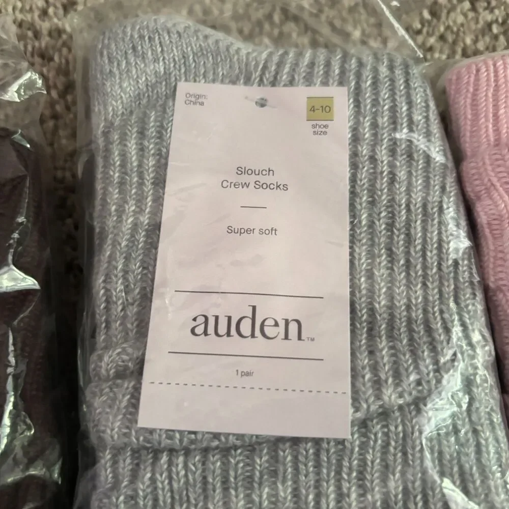 Auden Slouch Crew Socks Set of 3 Pink Gray Brown Super Soft Women's Size 4-10